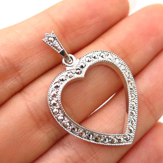 925 Sterling Silver Vintage Theda Real Marcasite Gem Open Heart Design Pendant