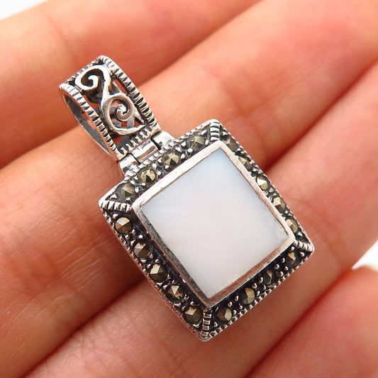 925 Sterling Silver Real Mother-of-Pearl & Marcasite Gem Pendant