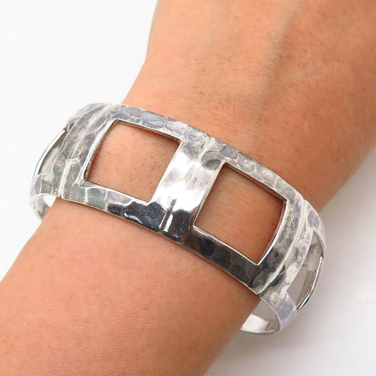 925 Sterling Vintage Mexico Hammered Finish Square Design Cuff Bracelet 7 1/4"