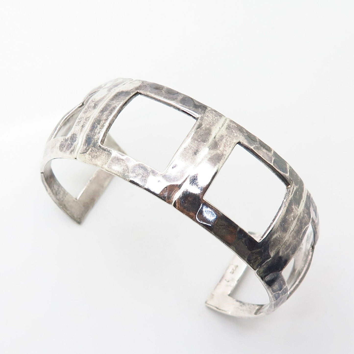 925 Sterling Vintage Mexico Hammered Finish Square Design Cuff Bracelet 7 1/4"