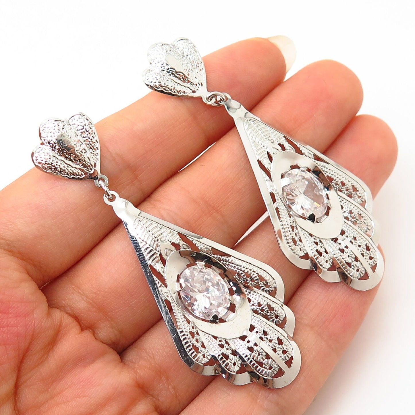 925 Sterling Silver C Z Ornate Design Statement Earrings