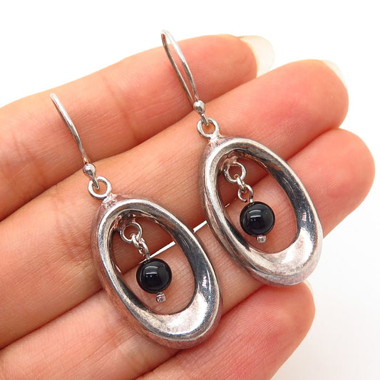 925 Sterling Silver Real Black Onyx Gem Dangling Earrings