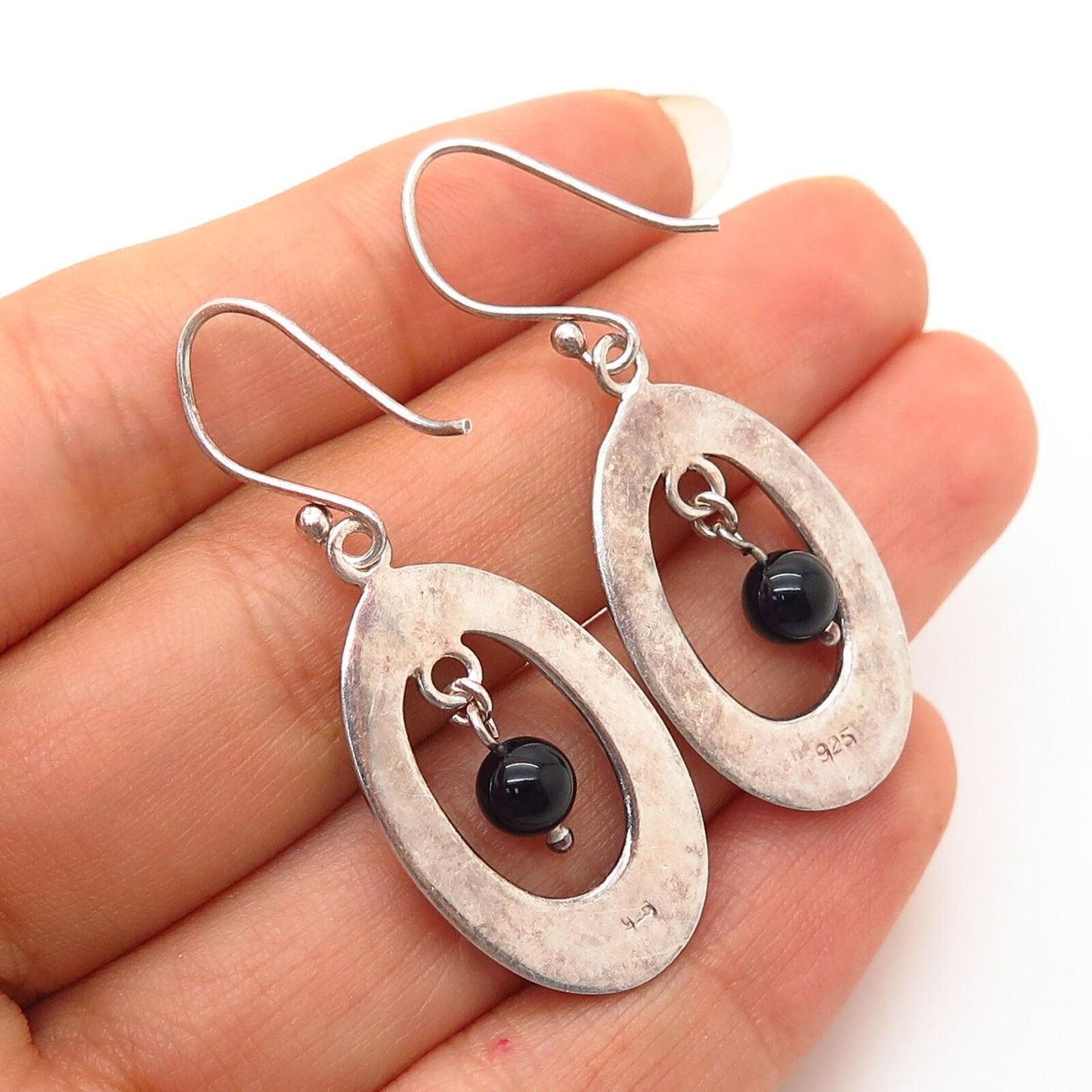 925 Sterling Silver Real Black Onyx Gem Dangling Earrings