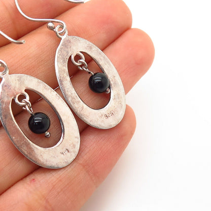 925 Sterling Silver Real Black Onyx Gem Dangling Earrings