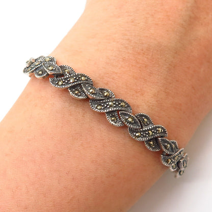 925 Sterling Silver Real Marcasite Gem Infinity Link Bracelet 6.5"