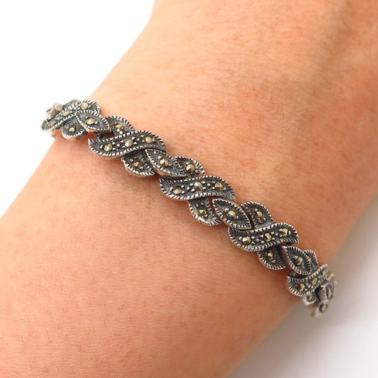 925 Sterling Silver Real Marcasite Gem Infinity Link Bracelet 6.5"