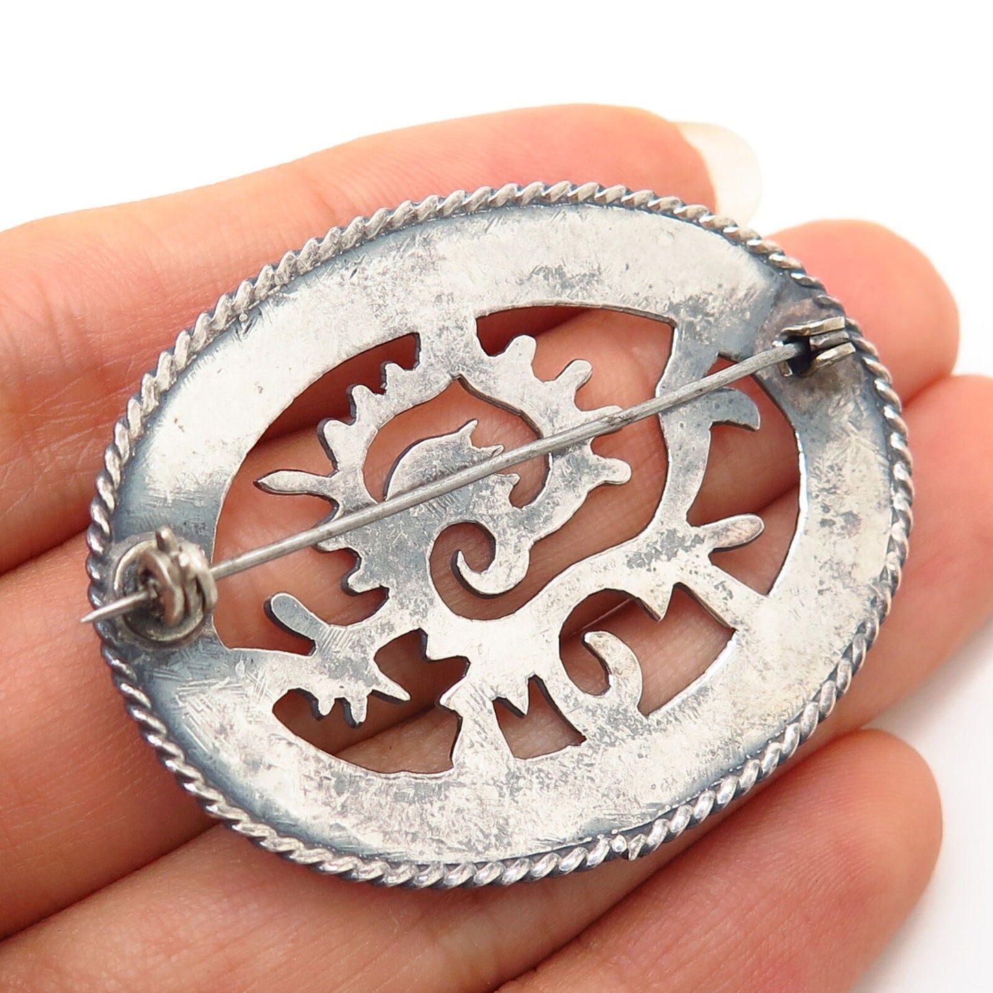 925 Sterling Silver Antique Tribal Design Pin Brooch