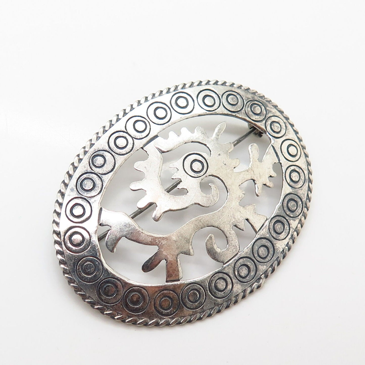 925 Sterling Silver Antique Tribal Design Pin Brooch