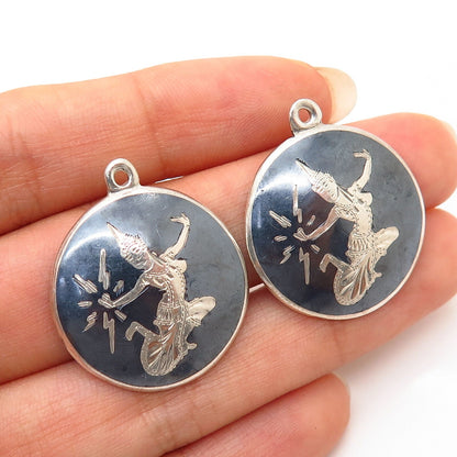 925 Sterling Silver Vintage Siam Niello Hindu Goddess Jacket Earrings