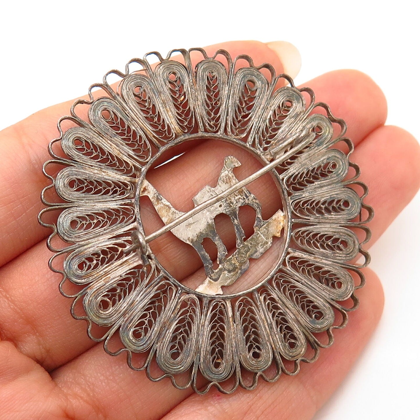 900 Silver Vintage Tribal Llama Filigree Design Pin Brooch