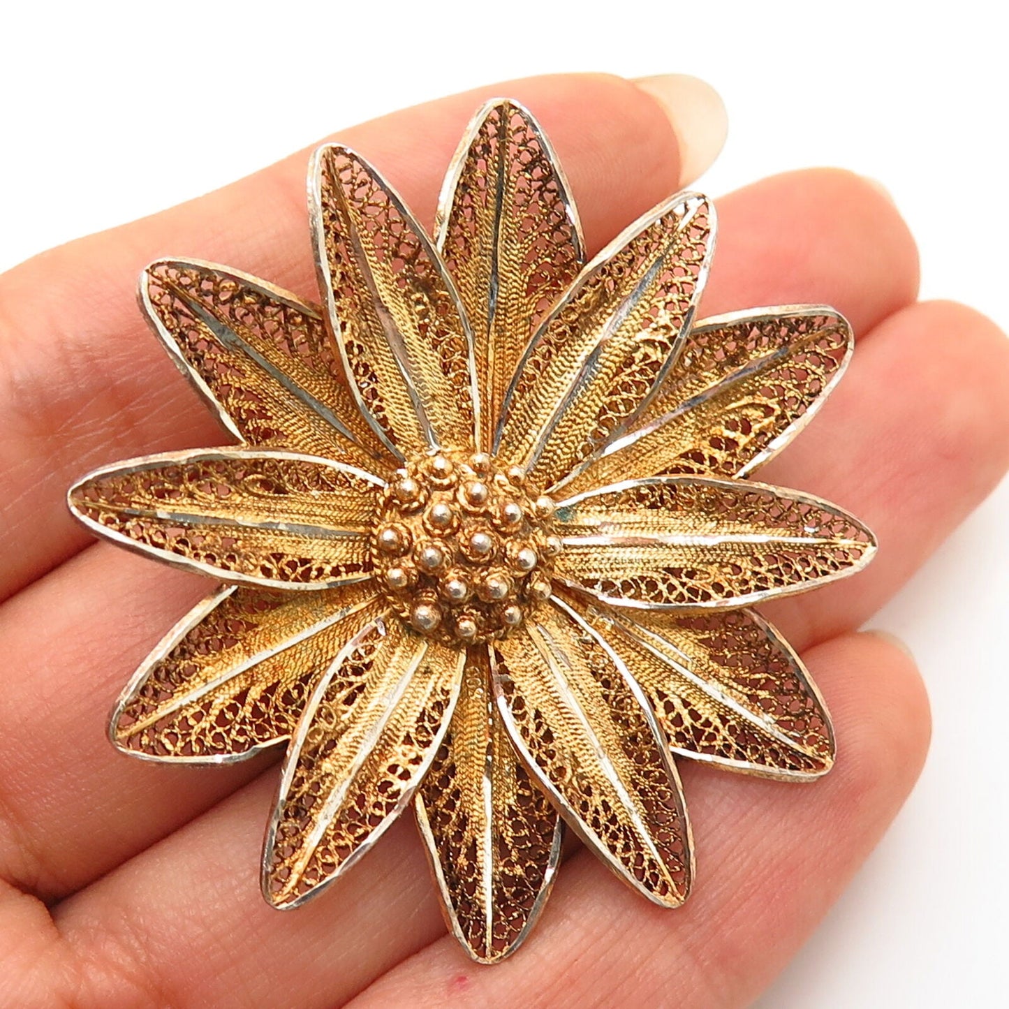 900 Sterling Silver Gold Plated Vintage Filigree Floral Design Pin Brooch