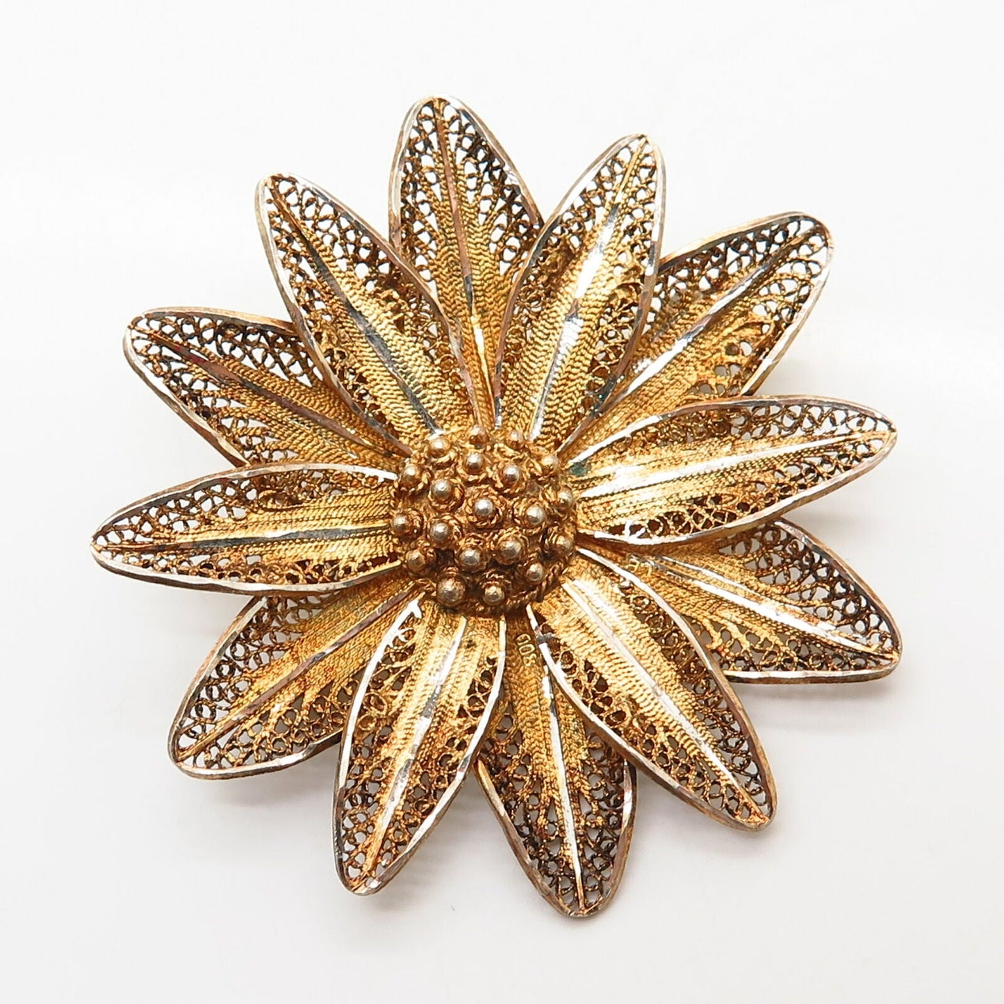 900 Sterling Silver Gold Plated Vintage Filigree Floral Design Pin Brooch