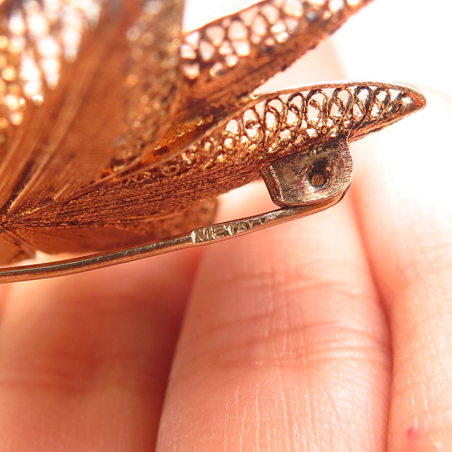 900 Sterling Silver Gold Plated Vintage Filigree Floral Design Pin Brooch