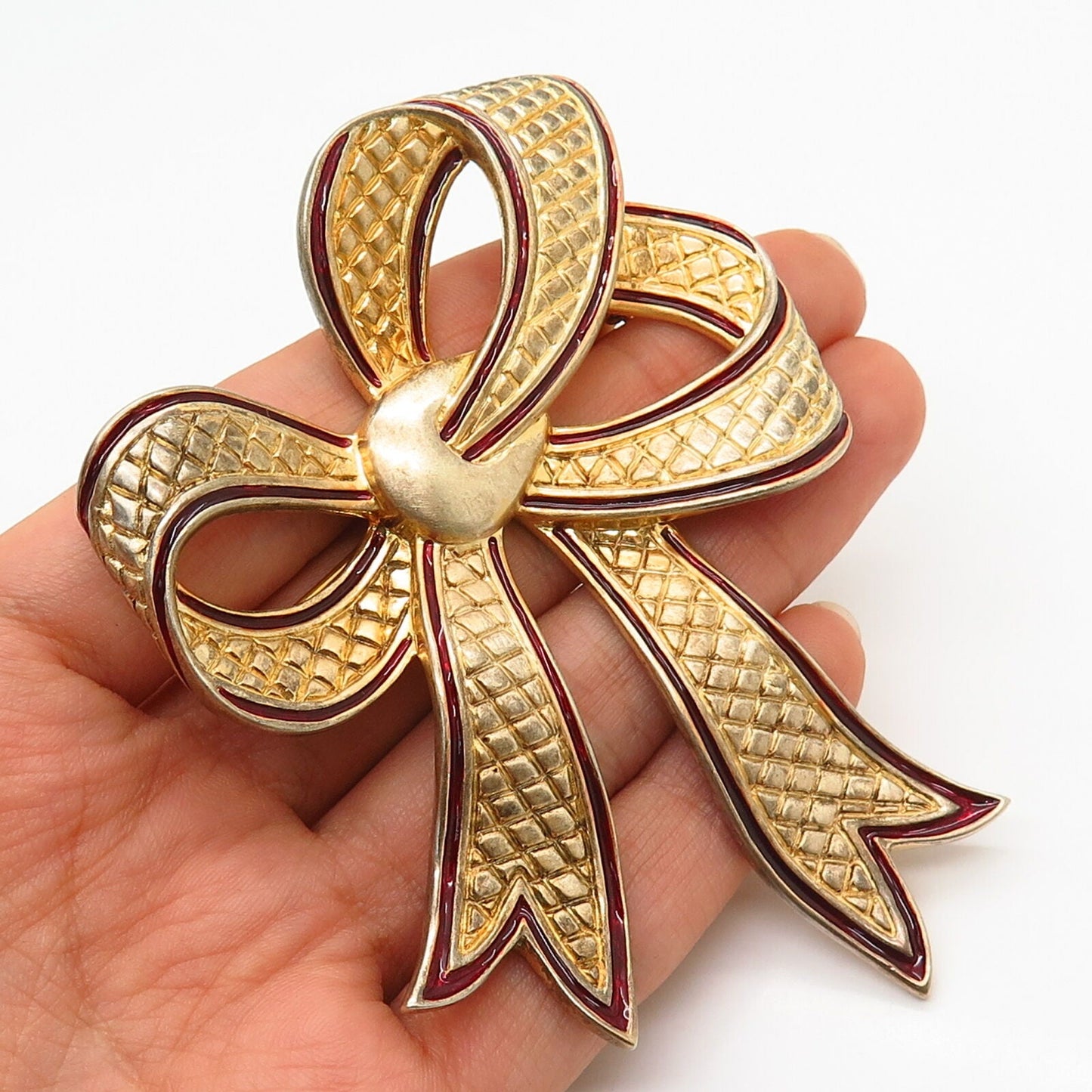 925 Sterling Gold Plated Vintage Enamel Bow Ribbon Design Large Pin Brooch