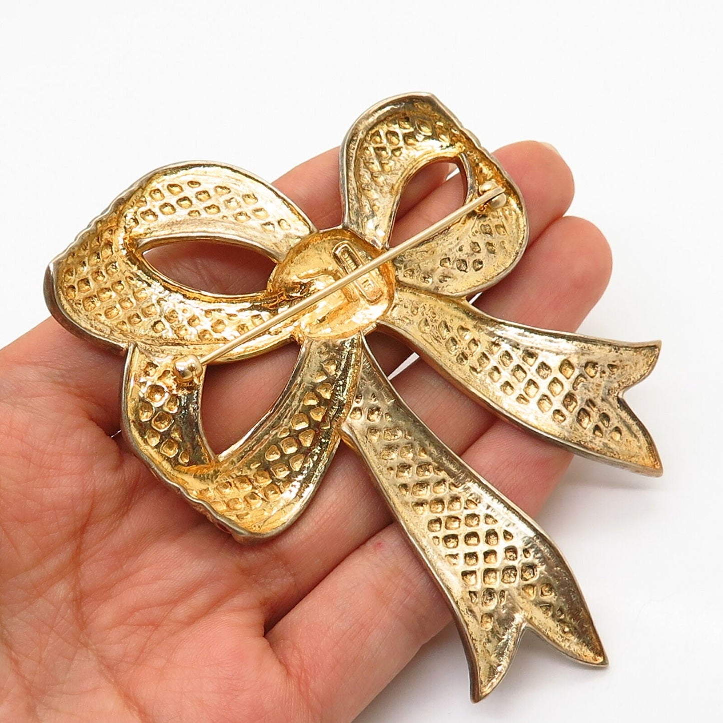 925 Sterling Gold Plated Vintage Enamel Bow Ribbon Design Large Pin Brooch