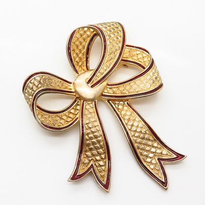 925 Sterling Gold Plated Vintage Enamel Bow Ribbon Design Large Pin Brooch