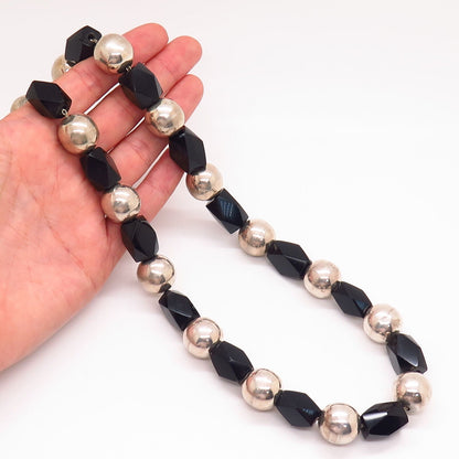 925 Sterling Silver Vintage Mexico Black Onyx Gem Long Bead Chain Necklace 28"