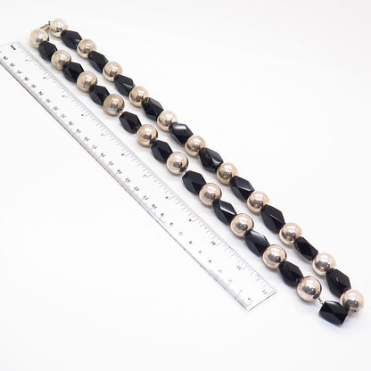 925 Sterling Silver Vintage Mexico Black Onyx Gem Long Bead Chain Necklace 28"