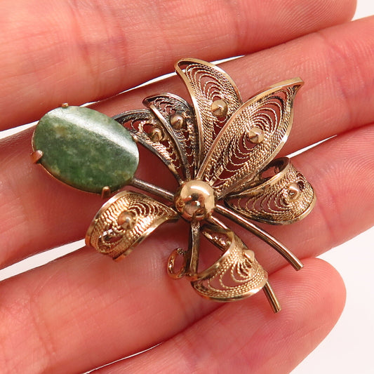 925 Sterling Gold Plated Vintage Real Jade Gem Filigree Bow Design Pin Brooch