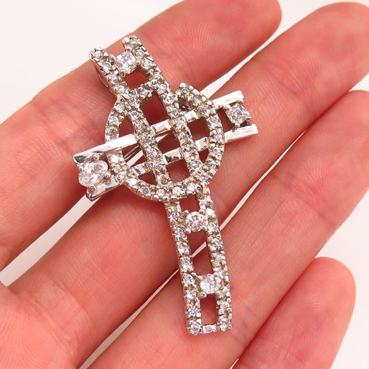 925 Sterling Silver C Z Modernist Cross Design Pin Brooch / Pendant