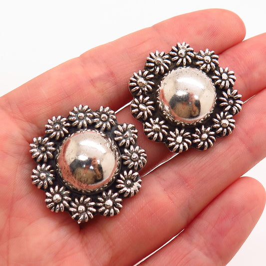 925 Sterling Silver Vintage Mexico Domed Floral Design Clip On Earrings