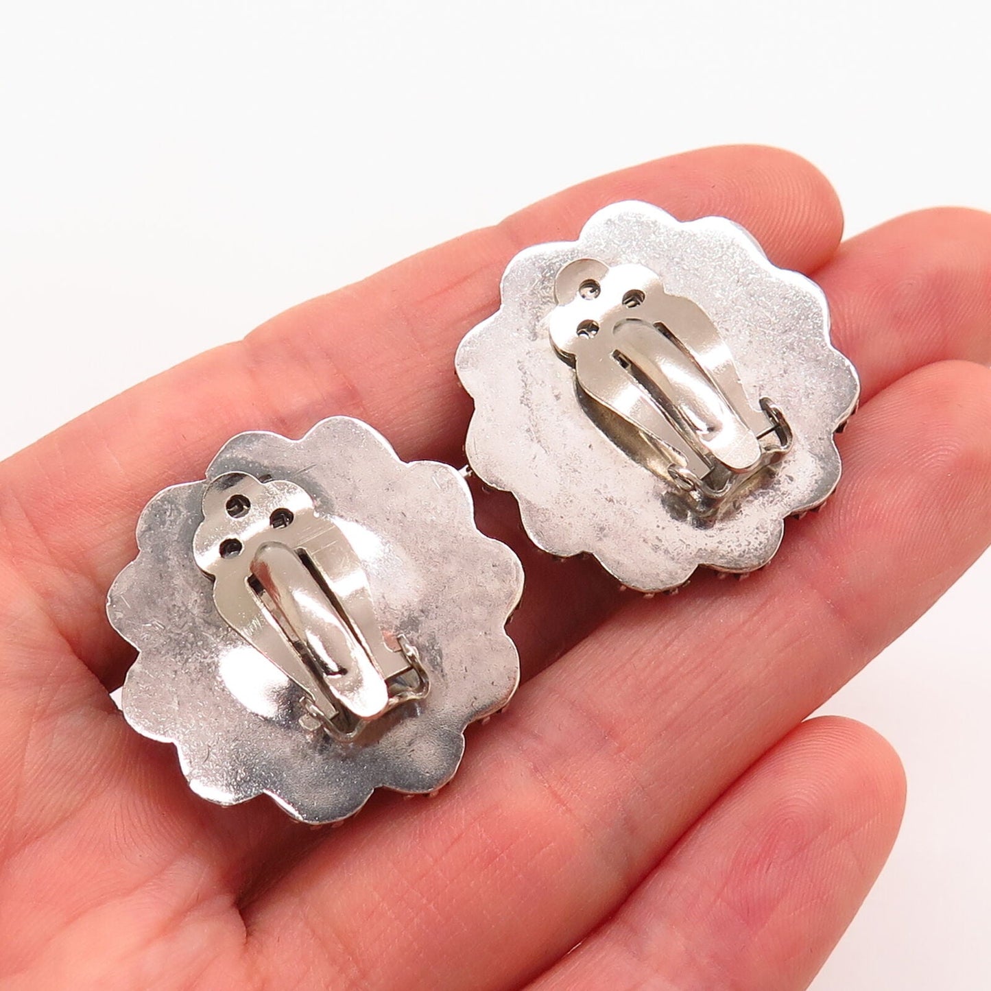 925 Sterling Silver Vintage Mexico Domed Floral Design Clip On Earrings