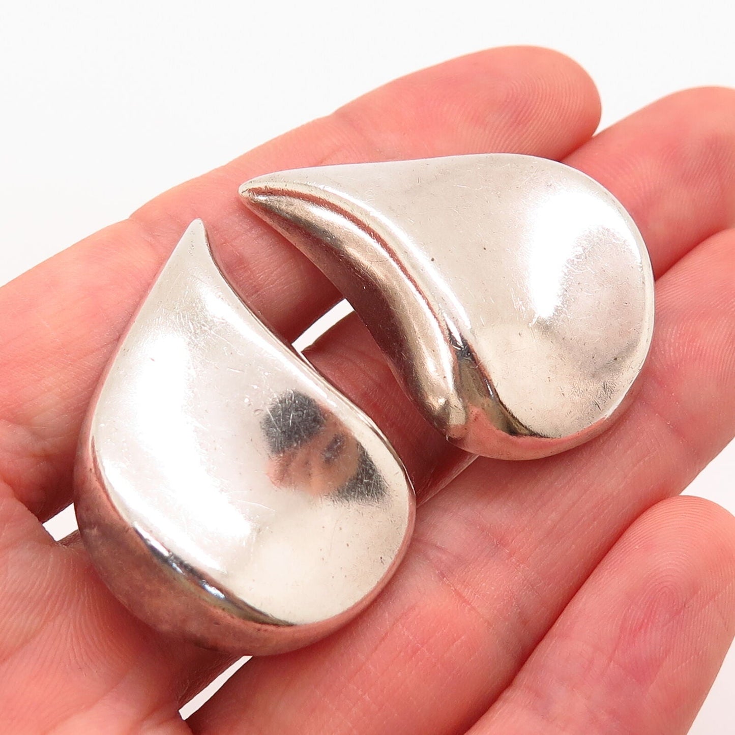 925 Sterling Silver Vintage Mexico Concave Teardrop Design Clip On Earrings