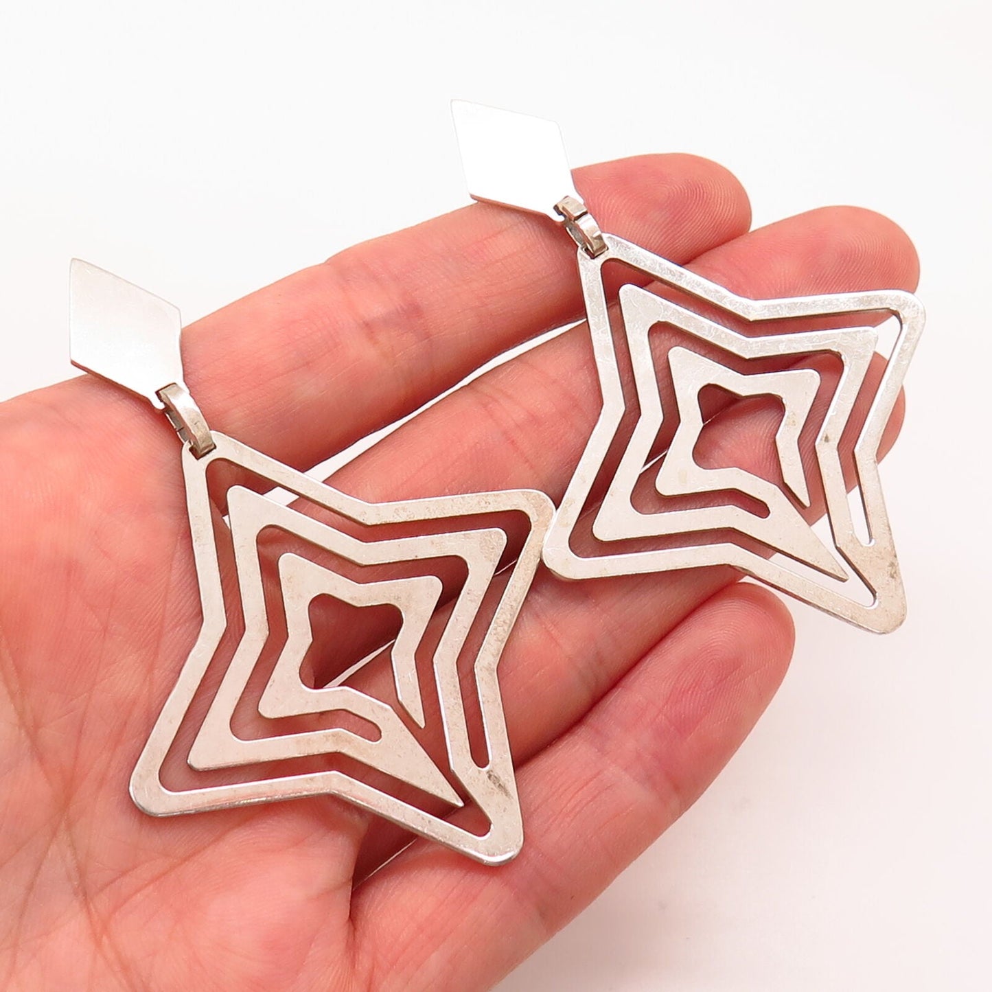 925 Sterling Silver Vintage Labyrinth / Star Design Large Earrings