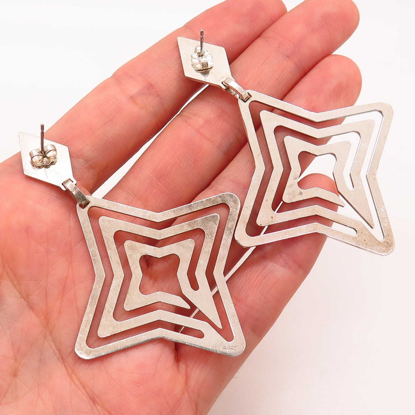 925 Sterling Silver Vintage Labyrinth / Star Design Large Earrings