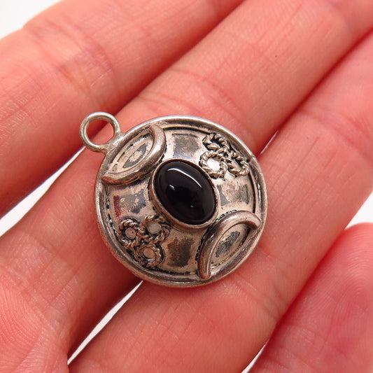 925 Sterling Silver Vintage Real Black Onyx Gem Domed Design Charm Pendant