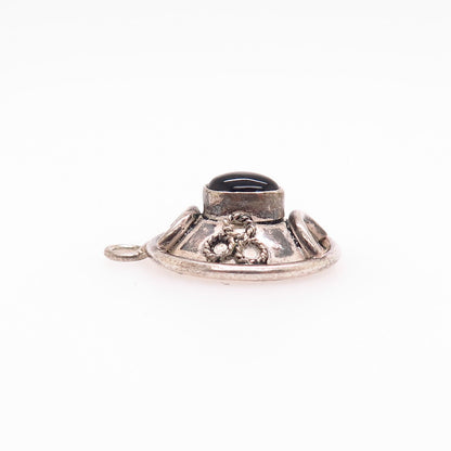 925 Sterling Silver Vintage Real Black Onyx Gem Domed Design Charm Pendant