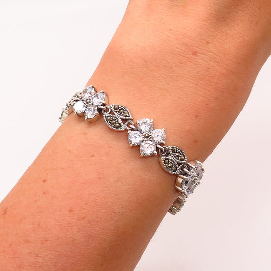 925 Sterling Silver Real Marcasite Gem & C Z Floral Design Link Bracelet 6 3/4"