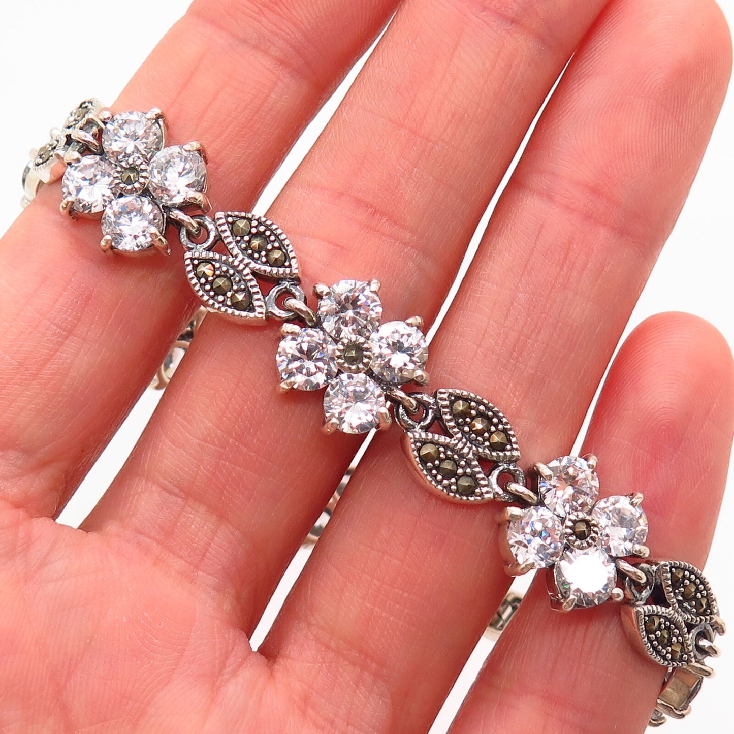 925 Sterling Silver Real Marcasite Gem & C Z Floral Design Link Bracelet 6 3/4"