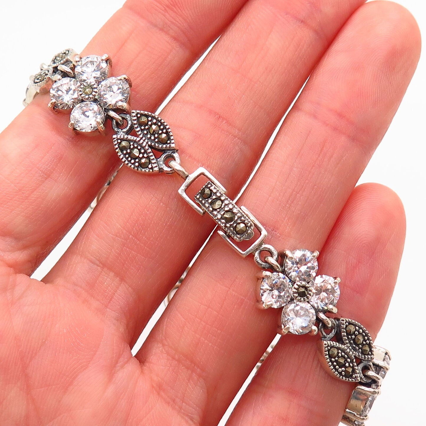 925 Sterling Silver Real Marcasite Gem & C Z Floral Design Link Bracelet 6 3/4"