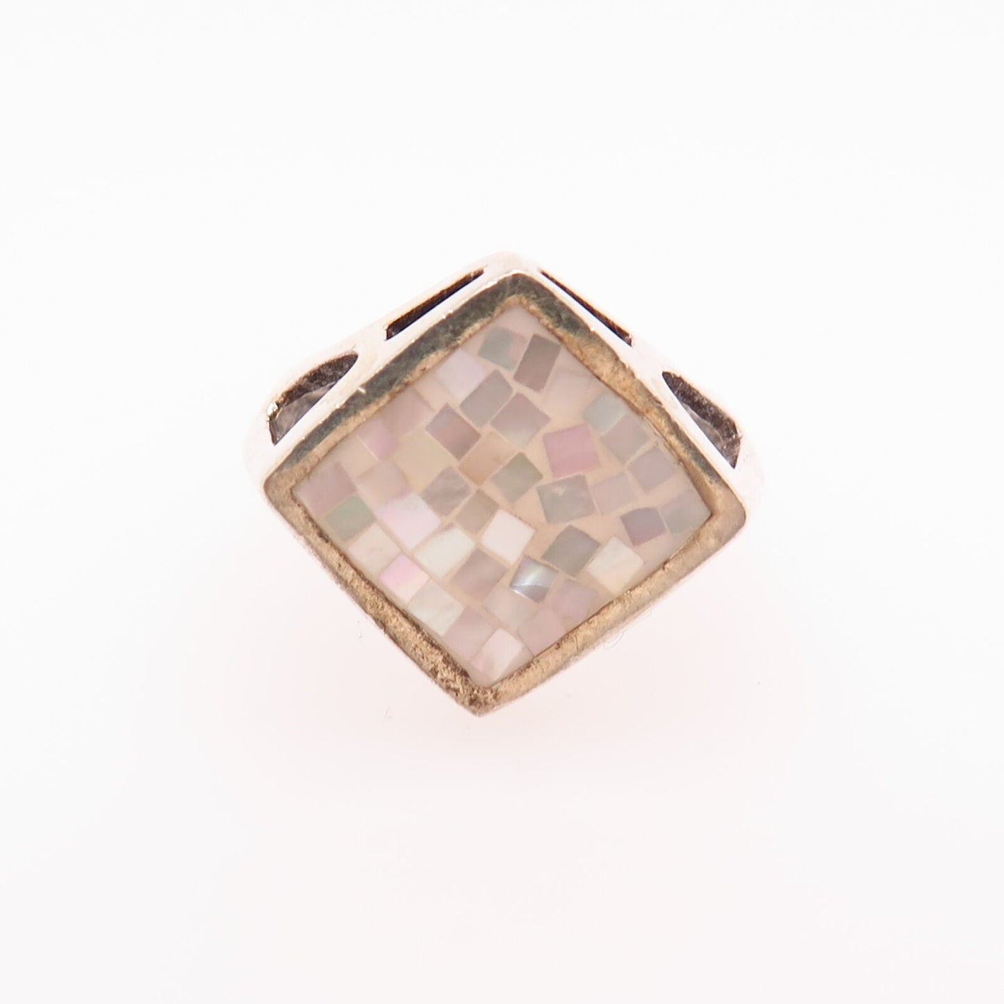 925 Sterling Silver Real Mother-Of-Pearl Inlay Rhombus Design Ring Size 6