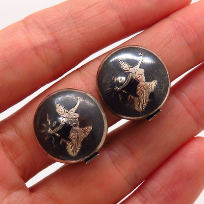 925 Sterling Silver Vintage Siam Niello Hindu Goddess Round Clip On Earrings