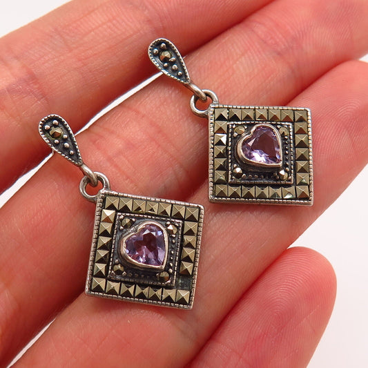 925 Sterling Silver Real Amethyst & Marcasite Gem Rhombus & Heart Drop Earrings