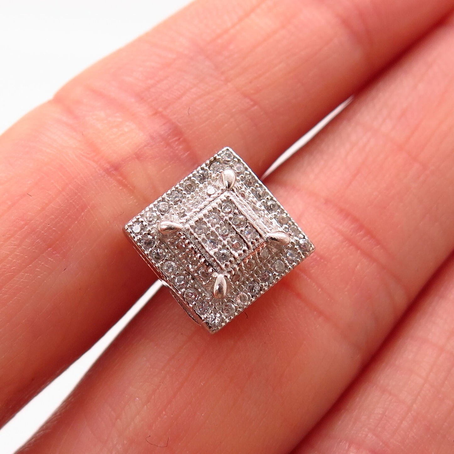 925 Sterling Silver Pave C Z Square SINGLE Stud Earring