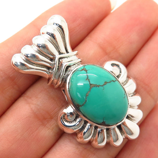 925 Sterling Silver Real Turquoise Gemstone Ribbed Oval Design Slide Pendant