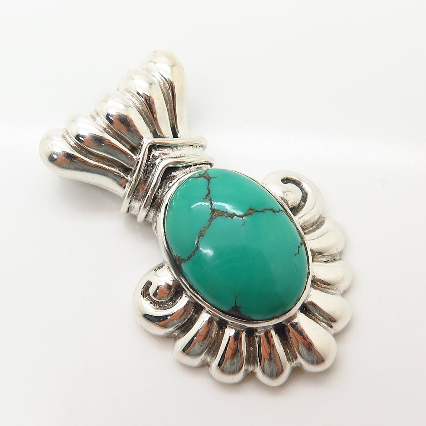 925 Sterling Silver Real Turquoise Gemstone Ribbed Oval Design Slide Pendant