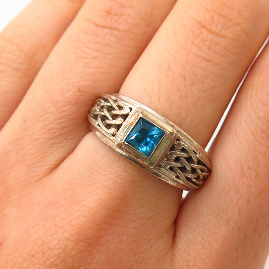 925 Sterling Silver Vintage Real Blue Topaz Gemstone Ring Size 6 3/4