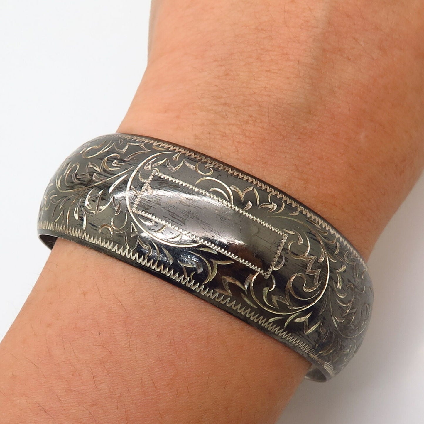 925 Sterling Silver Vintage Etched Swirl Design Cuff Bracelet 6 1/4"