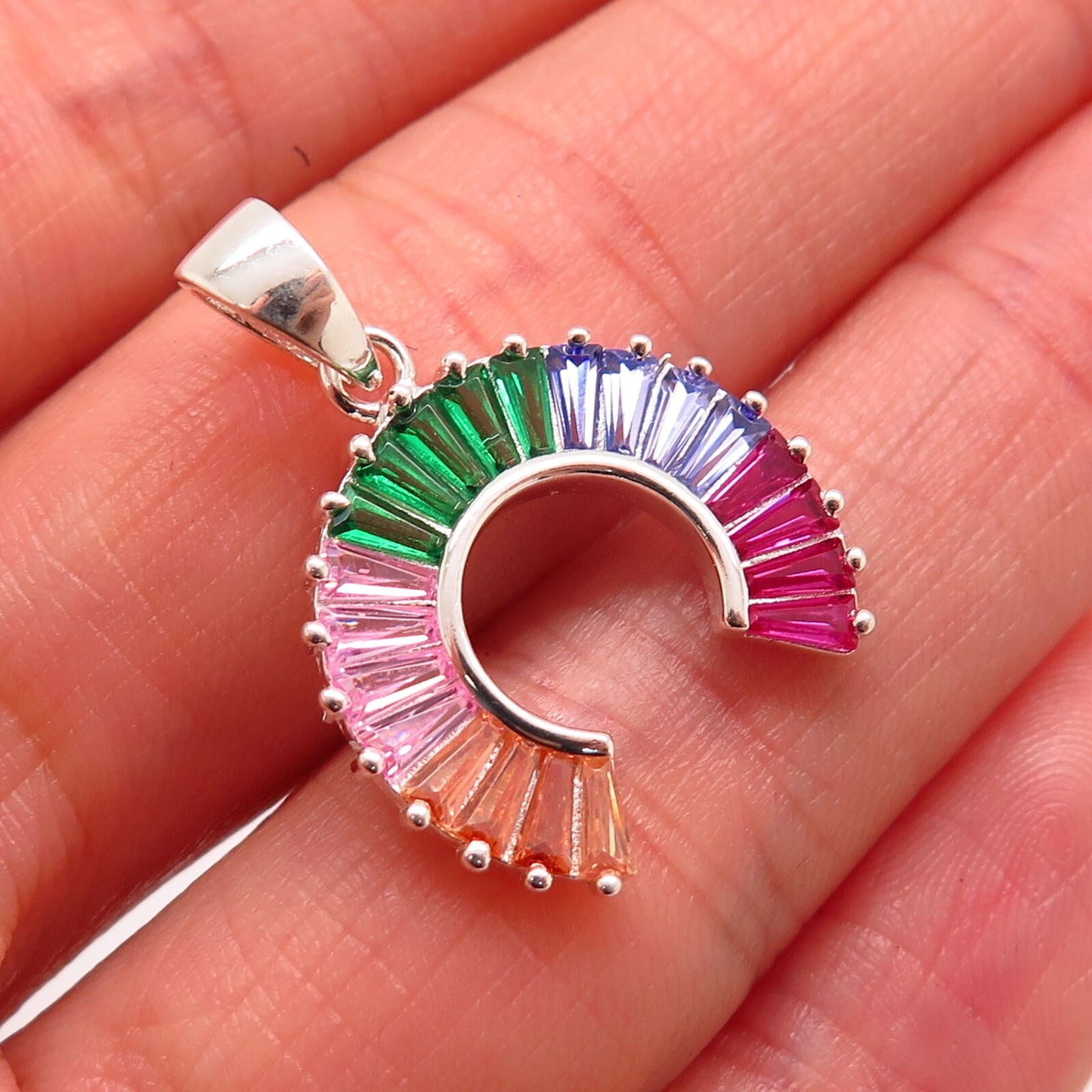 925 Sterling Silver Multi-Color C Z Horseshoe For Good Luck Design Pendant