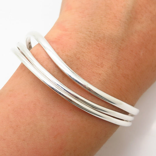 925 Sterling Silver Curved Triple Bar Design Cuff Bracelet 7"