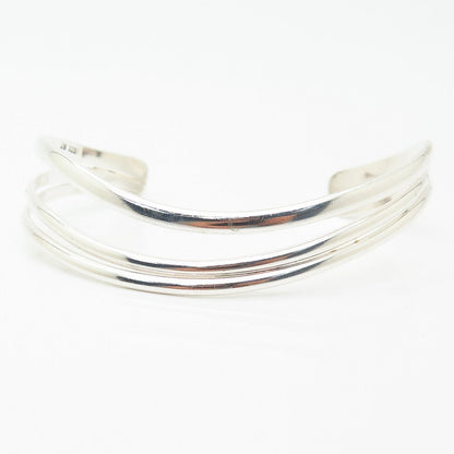 925 Sterling Silver Curved Triple Bar Design Cuff Bracelet 7"