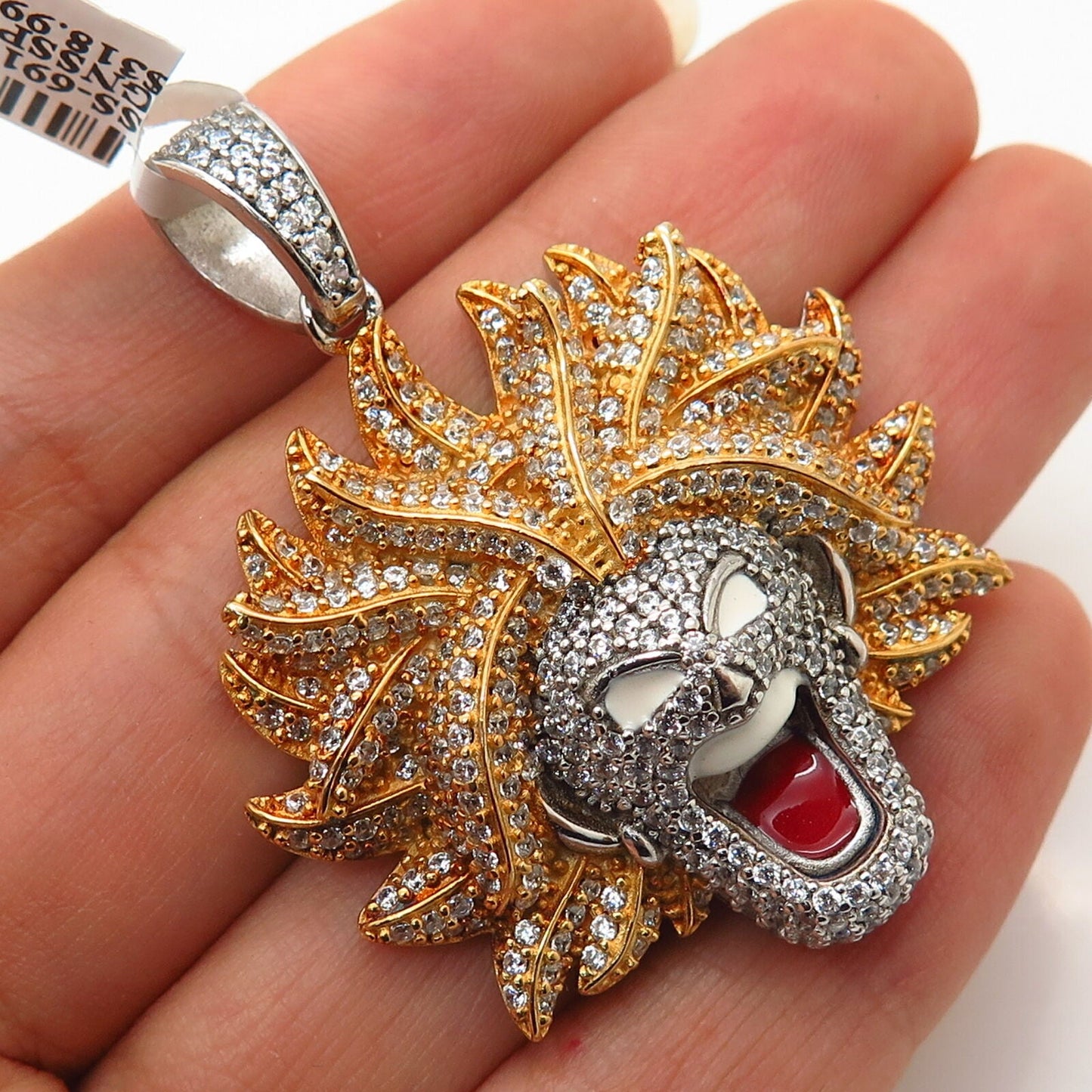 925 Sterling Silver Swarovski Crystal & Enamel Roaring Lion King Pendant