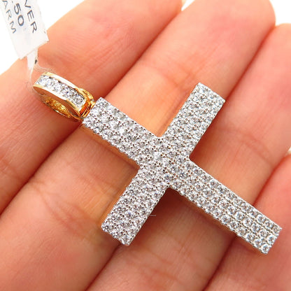 925 Sterling Silver Gold Plated Pave Swarovski Crystals Religious Cross Pendant