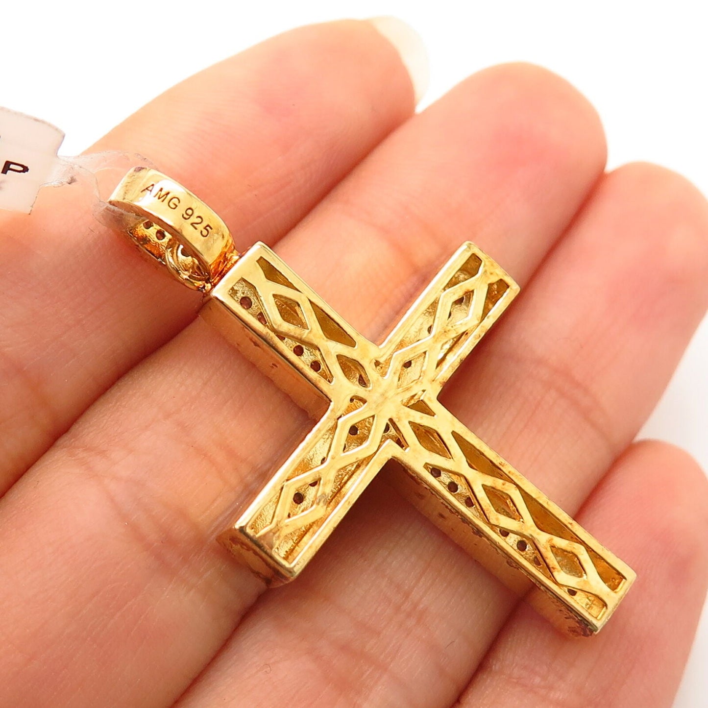 925 Sterling Silver Gold Plated Pave Swarovski Crystals Religious Cross Pendant