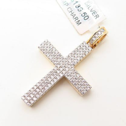 925 Sterling Silver Gold Plated Pave Swarovski Crystals Religious Cross Pendant