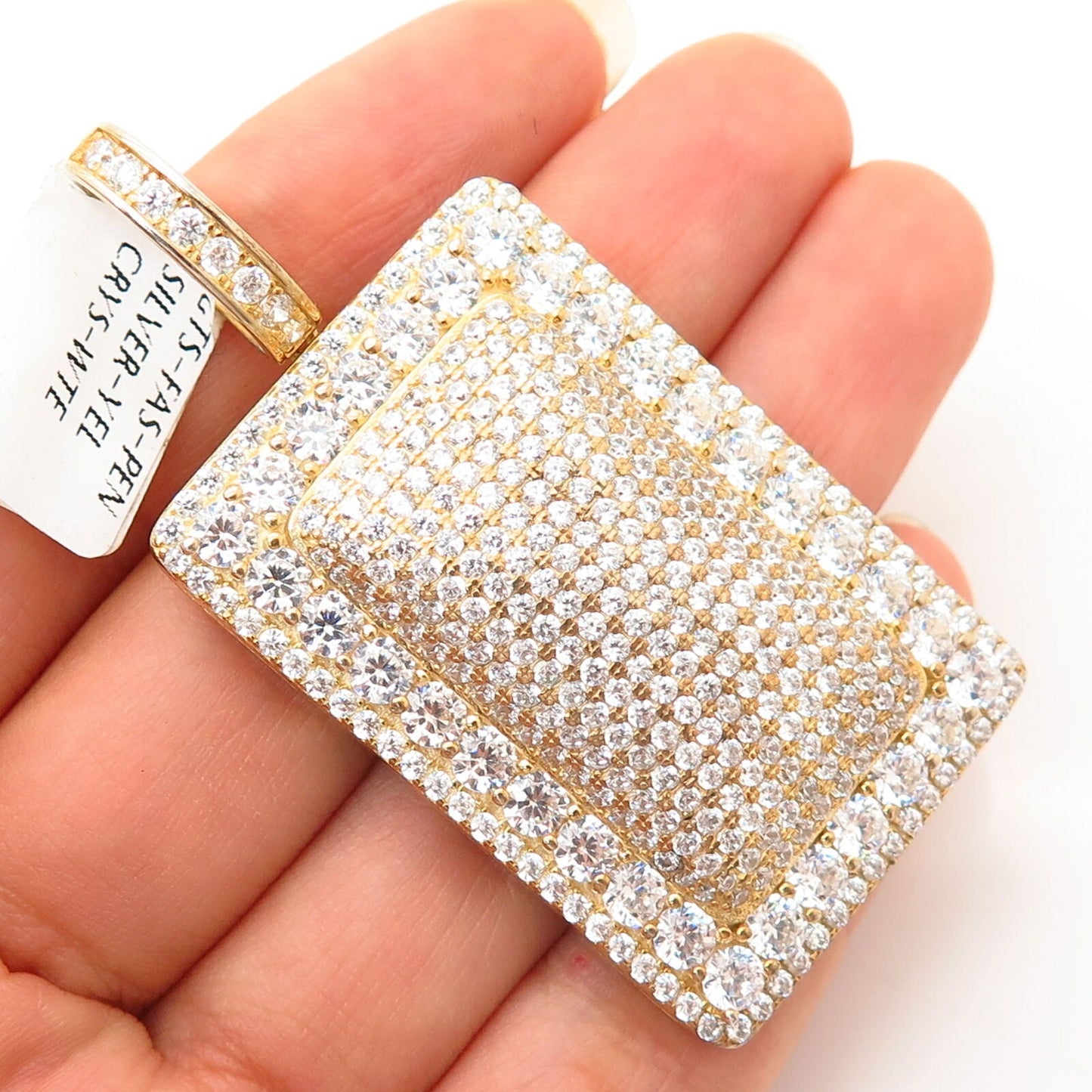 925 Sterling Gold Plated Swarovski Crystals Large Convex Rectangle Pendant